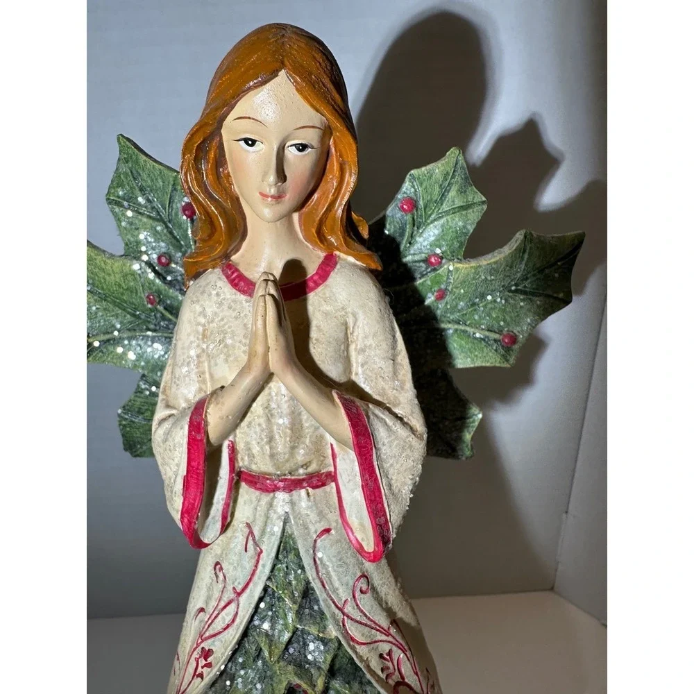 Christmas Angel Figurine Holly Wings Evergreen Tree Base Resin Holiday‎ Decor